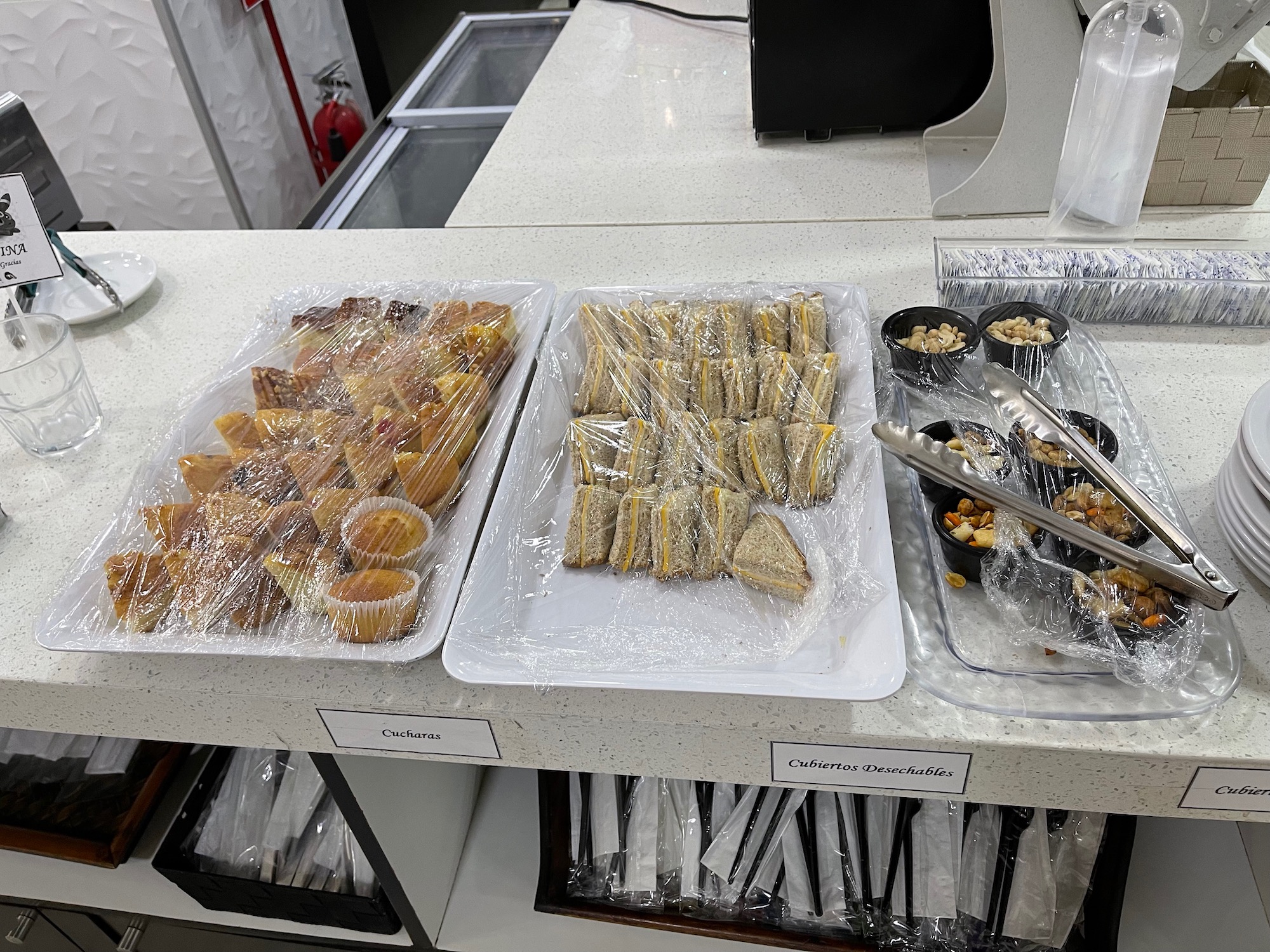 a trays of food on a counter