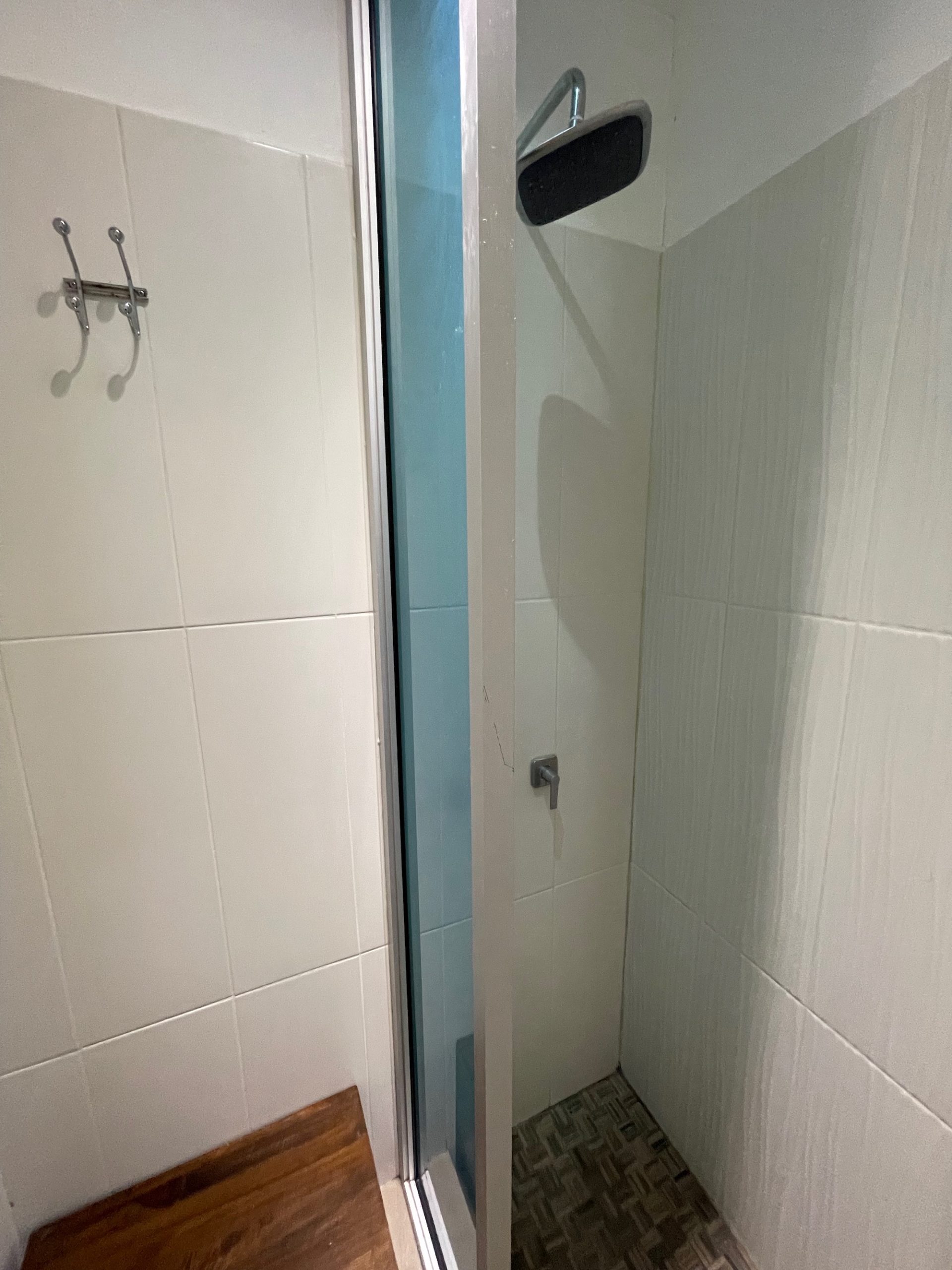 a shower with a door and a towel rack