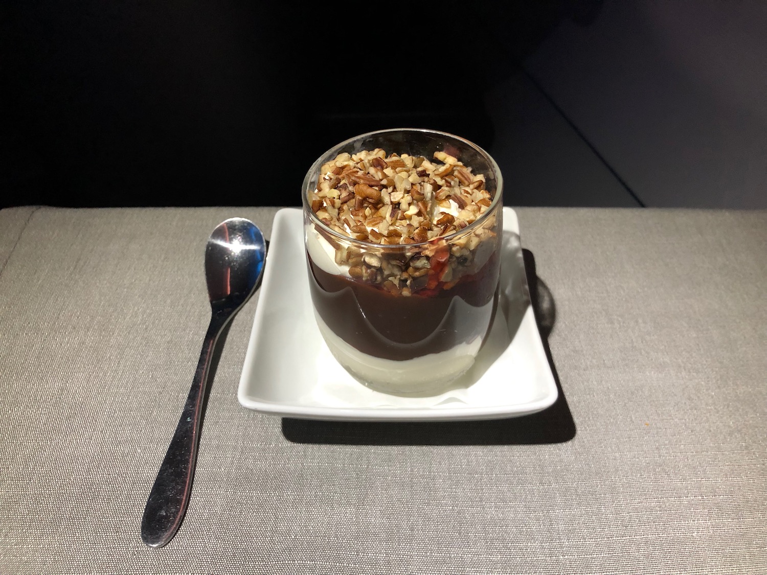 a dessert on a plate with a spoon