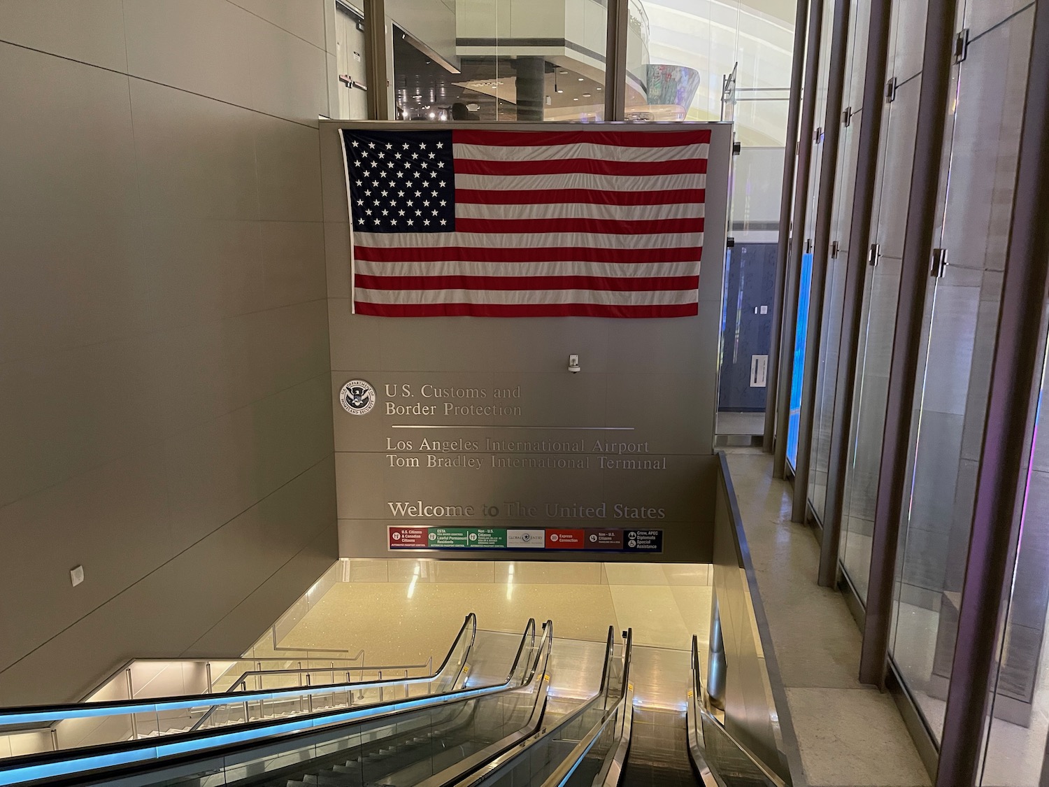 an escalator and a flag