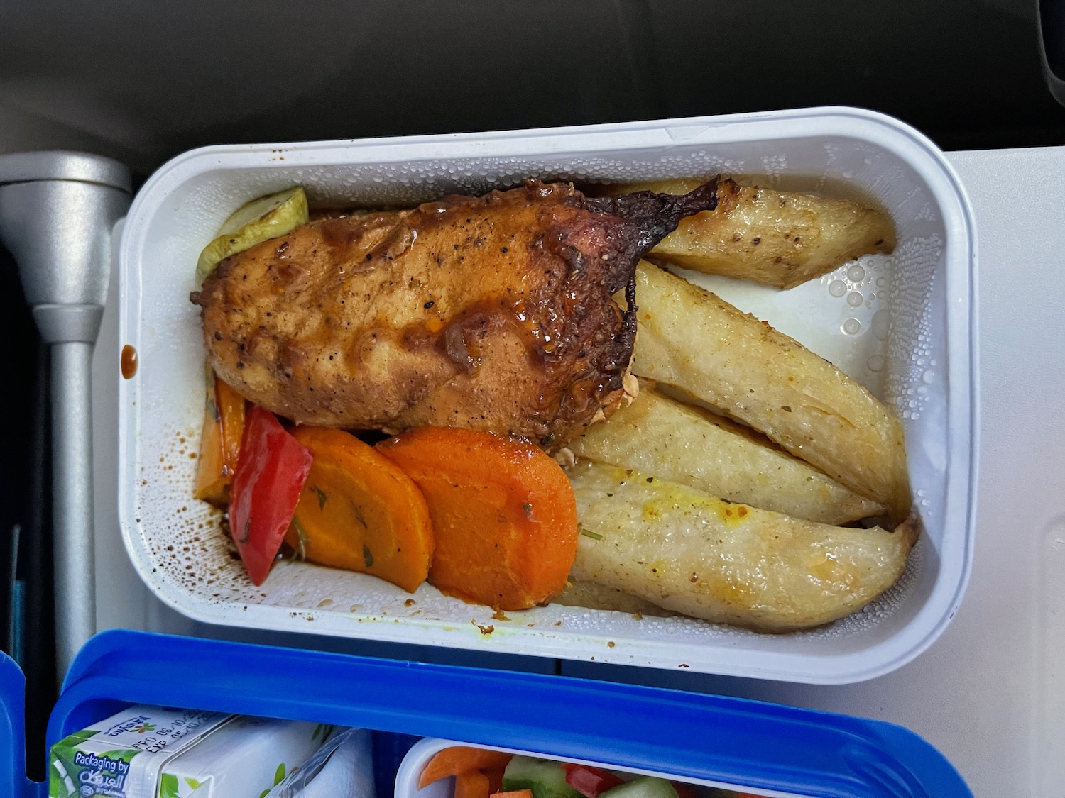 a container of food with a piece of meat and vegetables