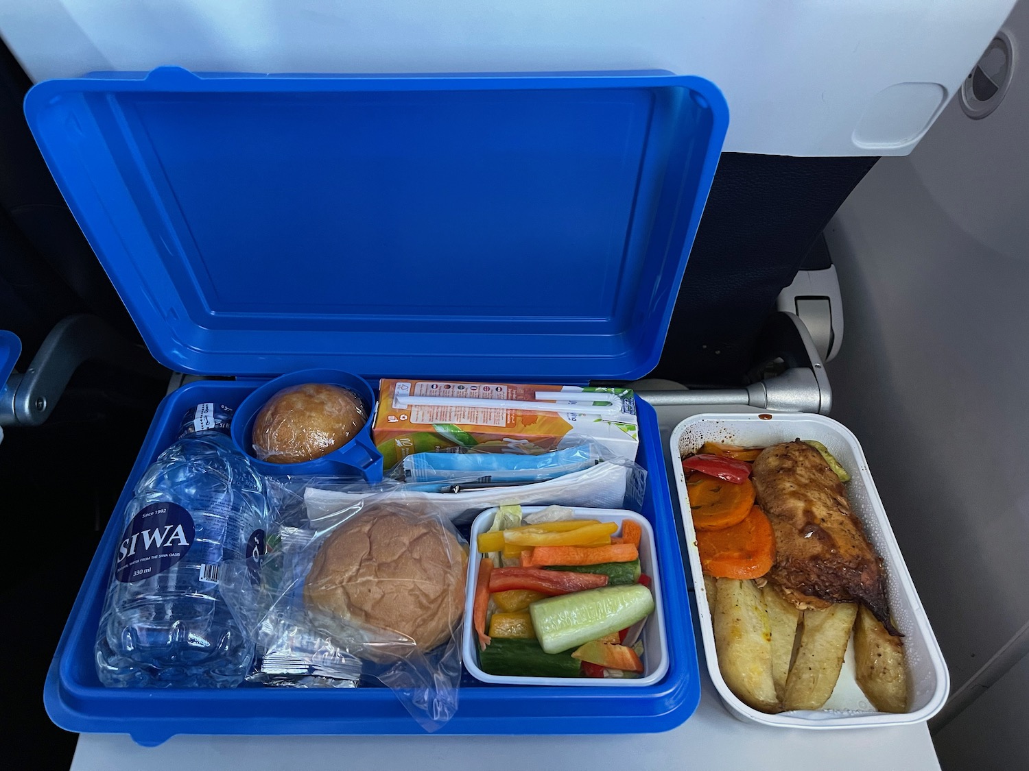 a blue plastic container with food in it
