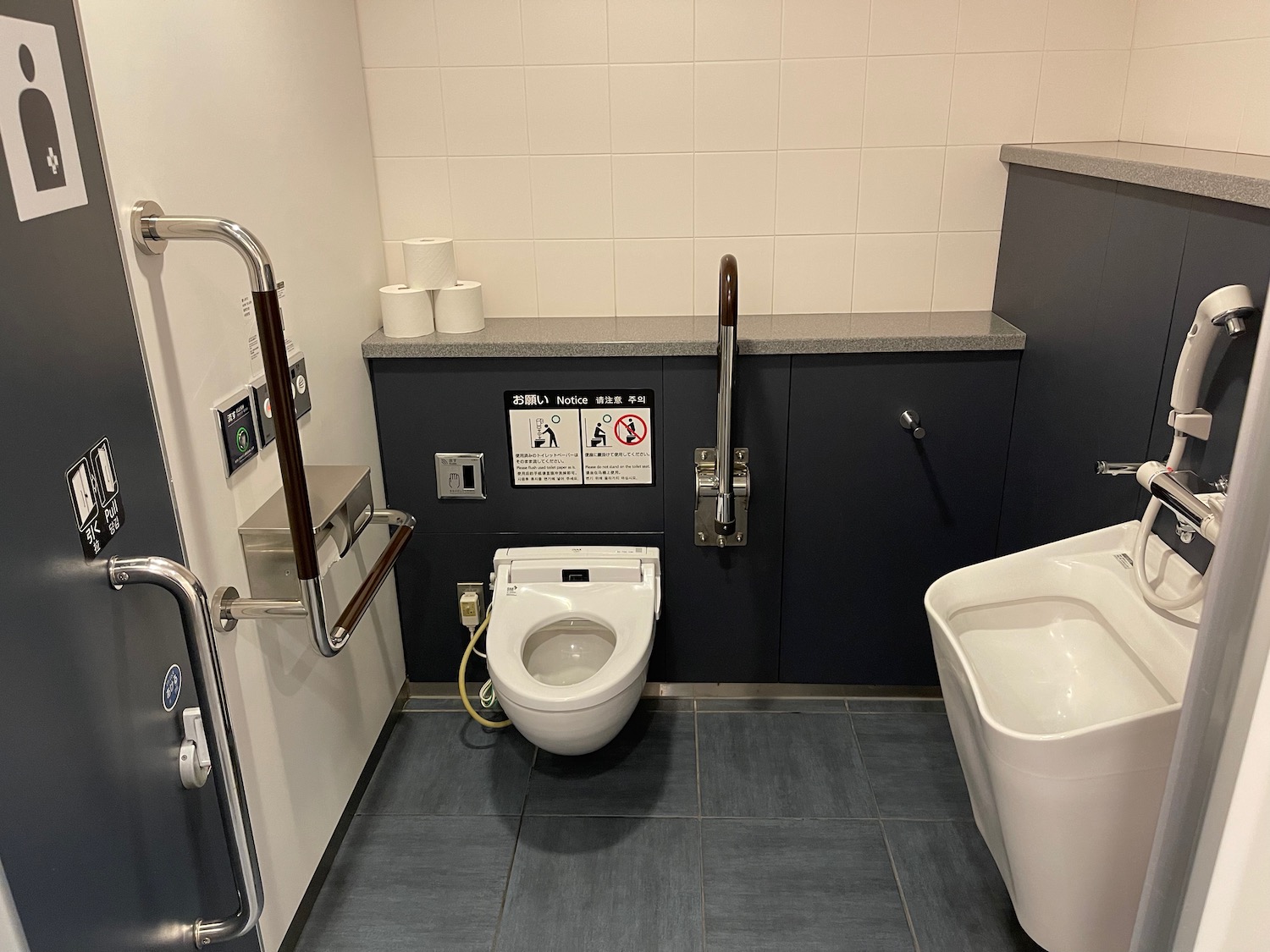 a bathroom with a toilet and a handrail