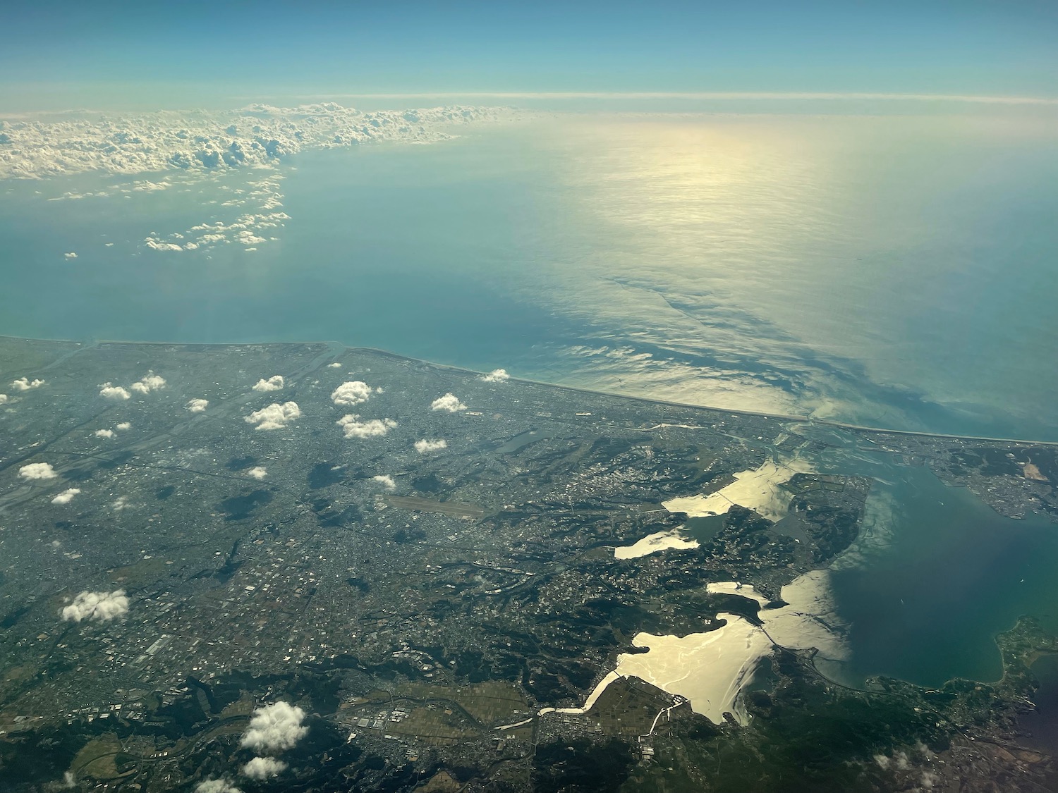 aerial view of a land and water