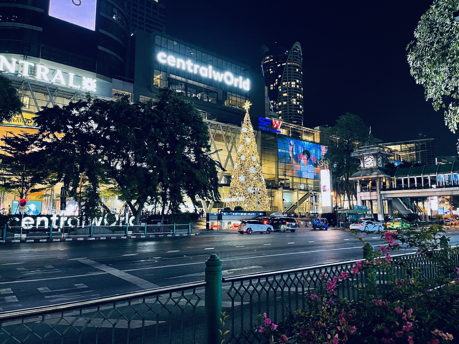 a street with a christmas tree and buildings