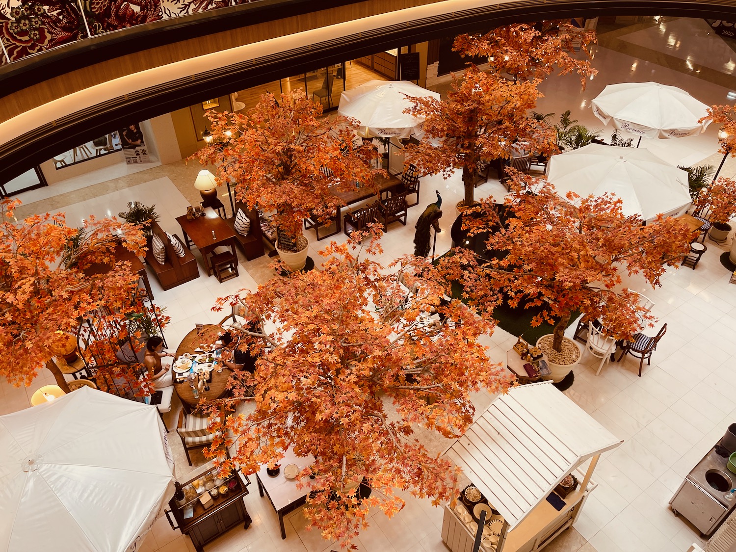 an aerial view of a mall with trees and umbrellas