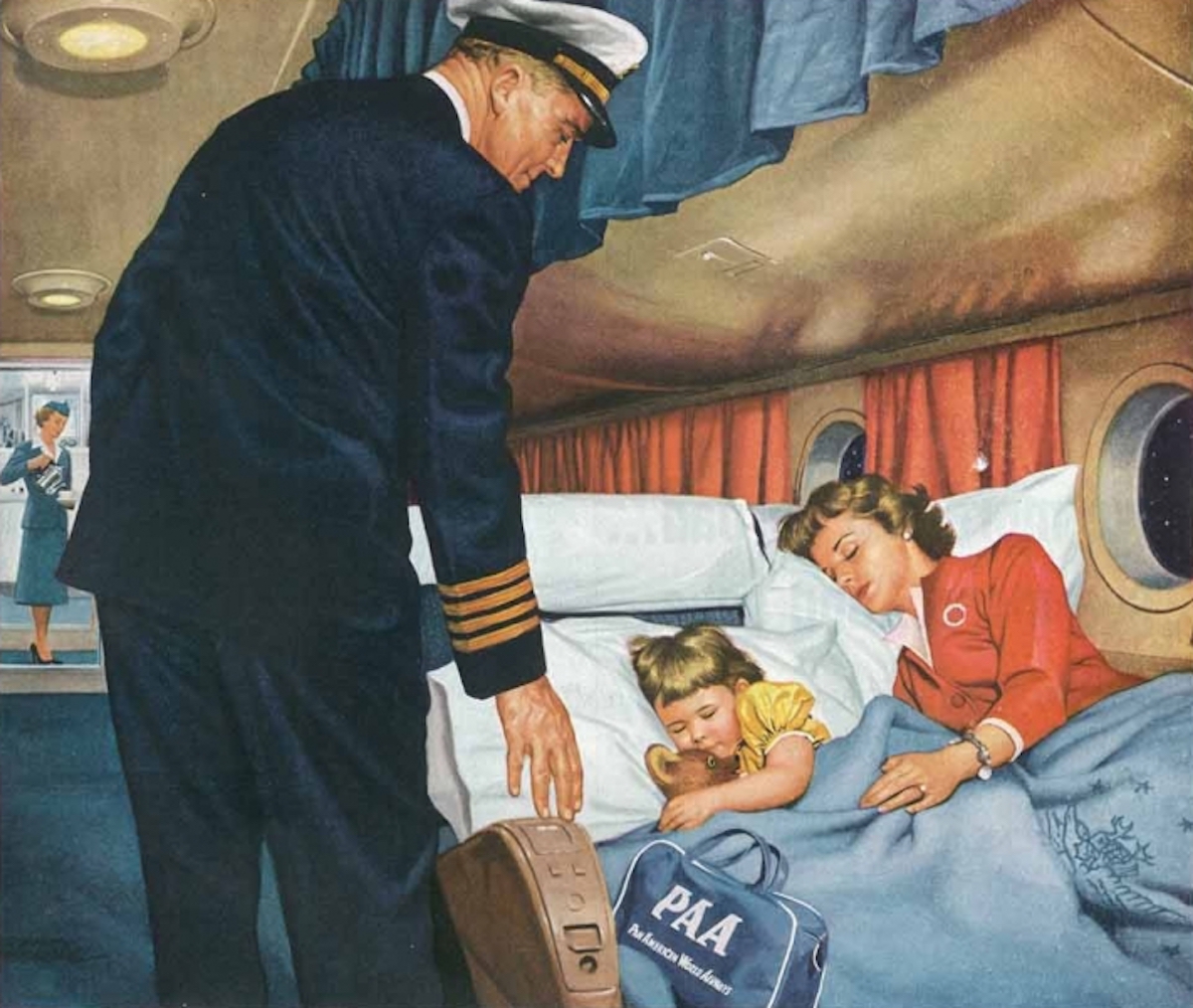 a man in uniform standing next to a woman sleeping in a bed