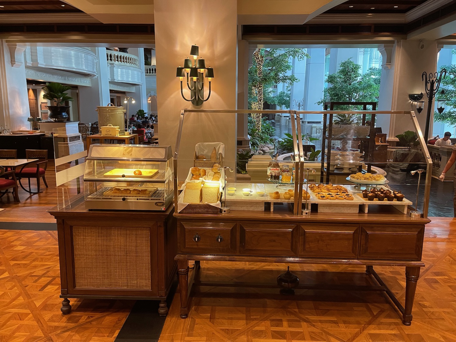 a buffet with food on it