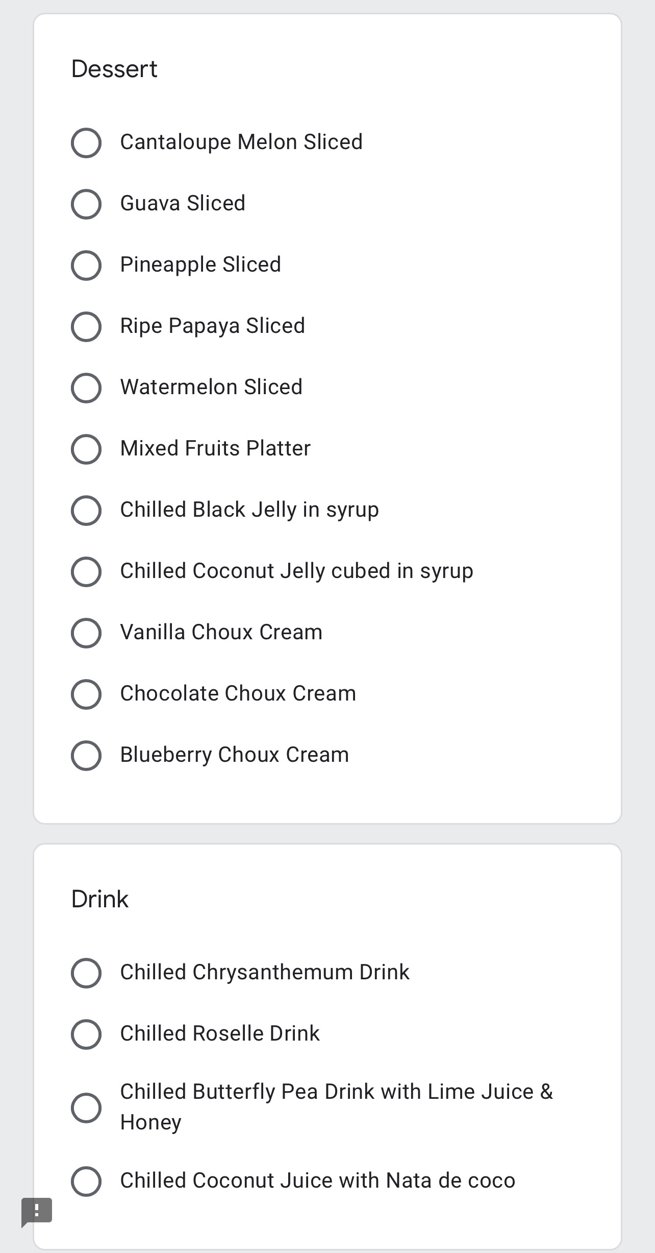 a screenshot of a food survey