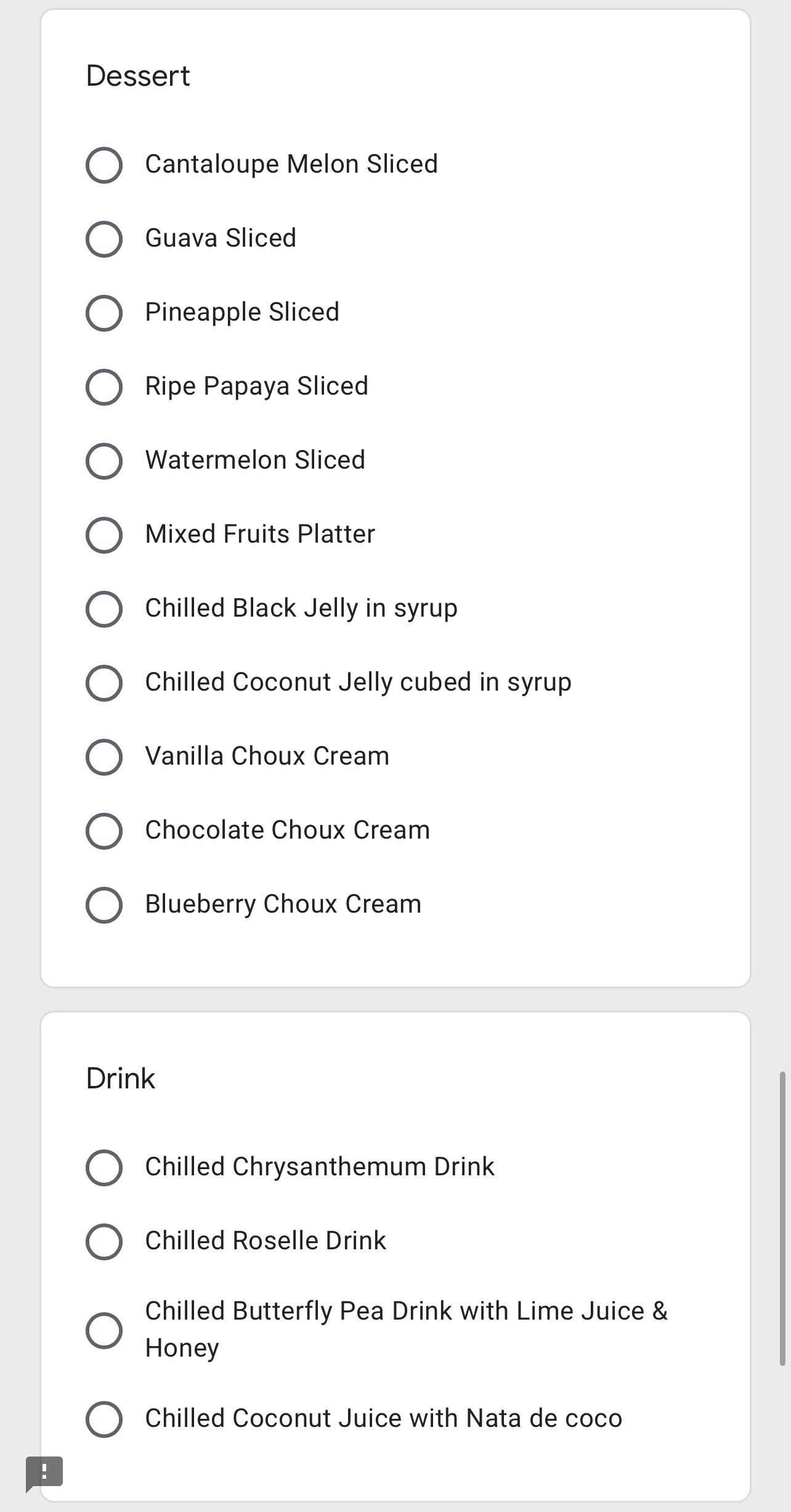 a screenshot of a food list