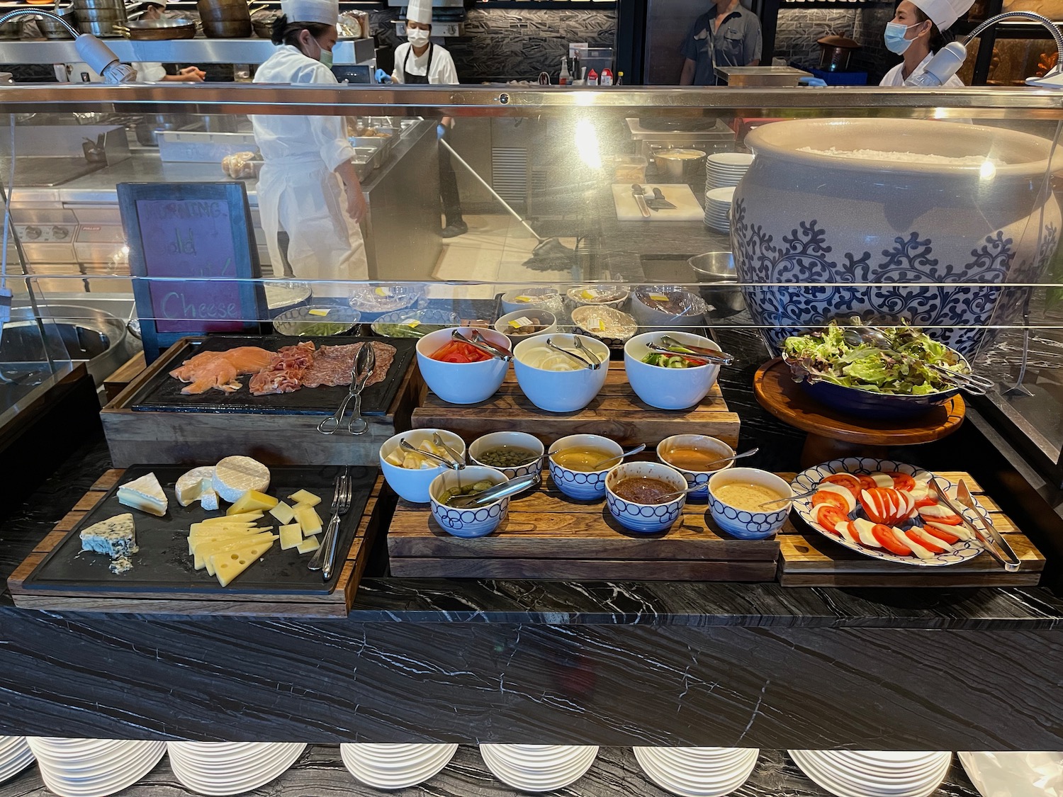 a buffet with food on it