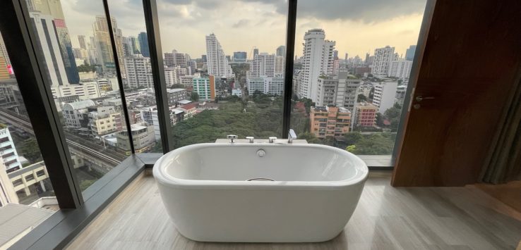 a bathtub in a room with a view of a city