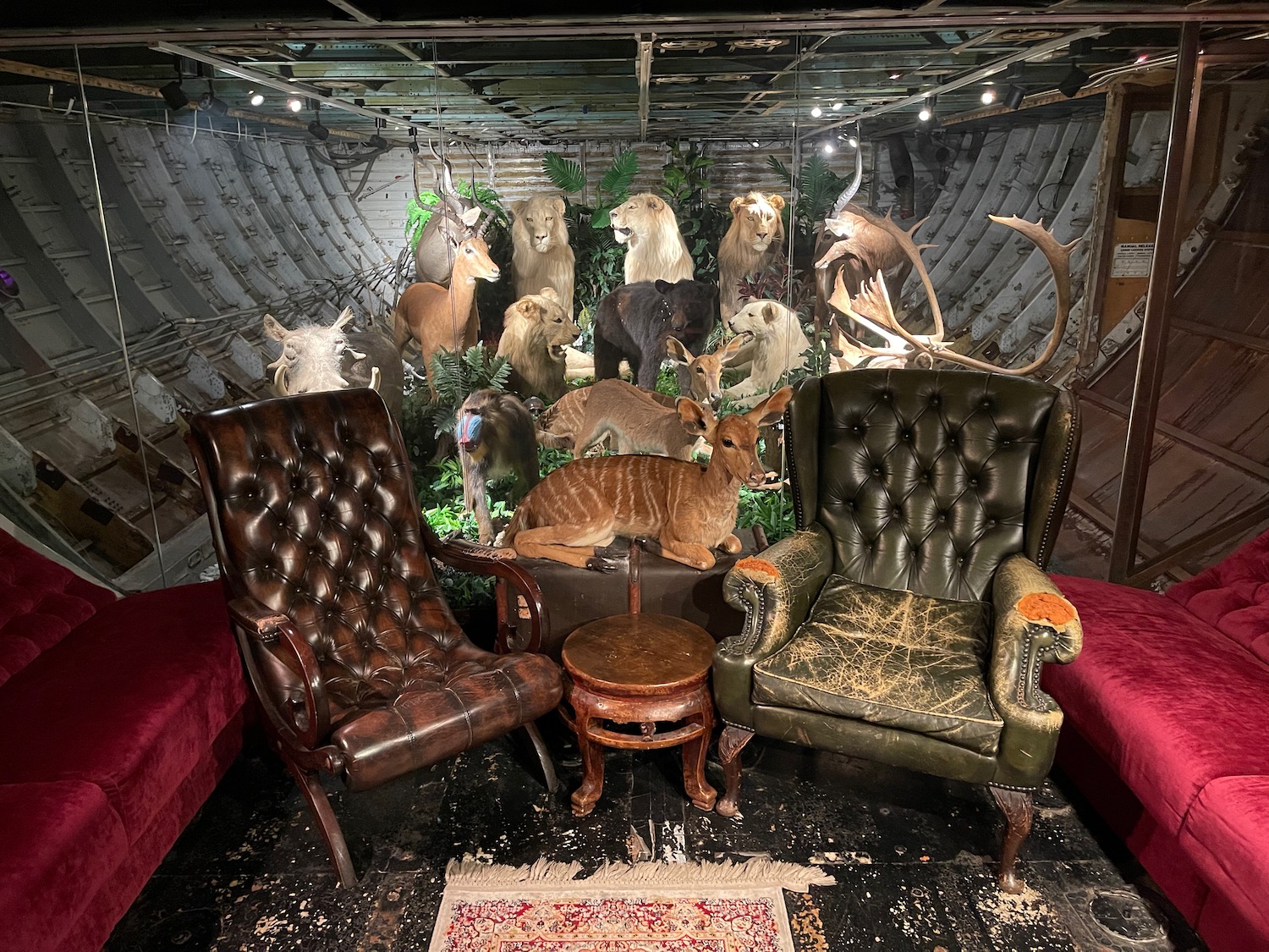 a group of chairs and a table in a room with animals