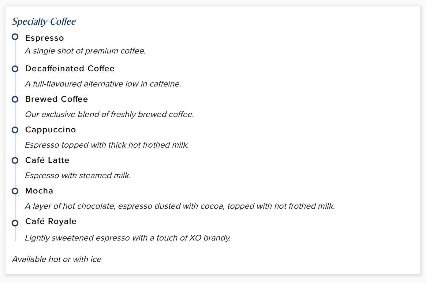 a menu of coffee with black text