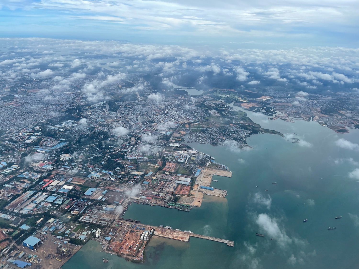 aerial view of a city and water