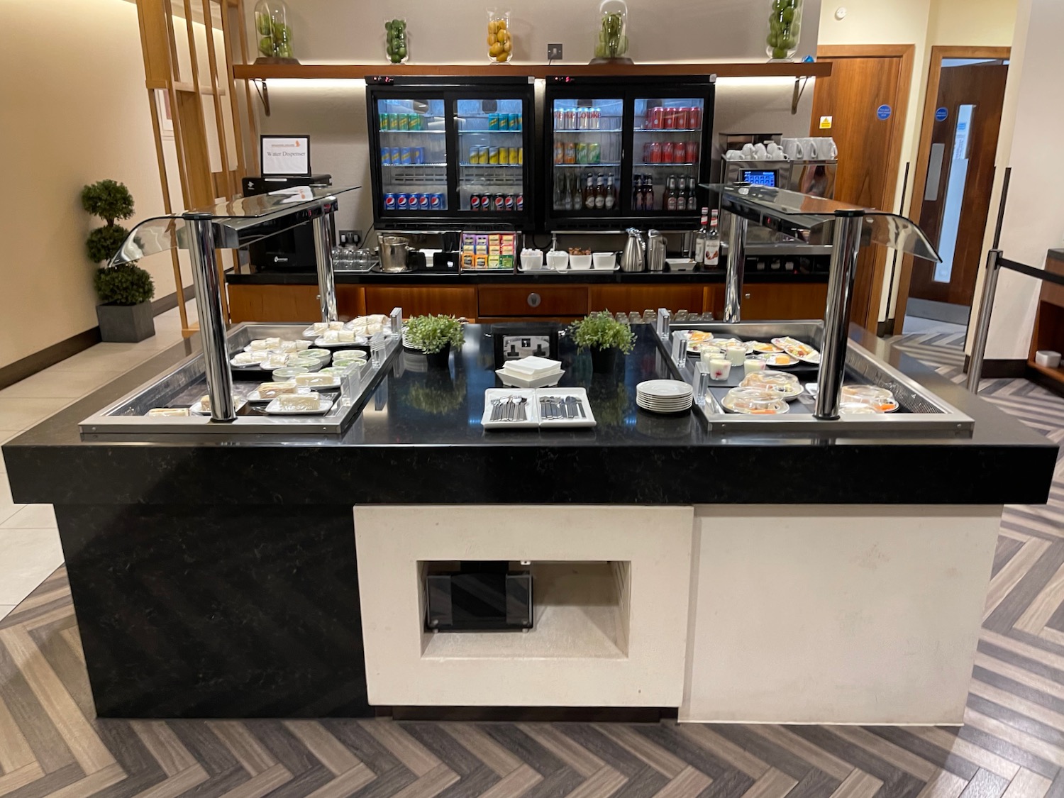 a buffet with food on the counter