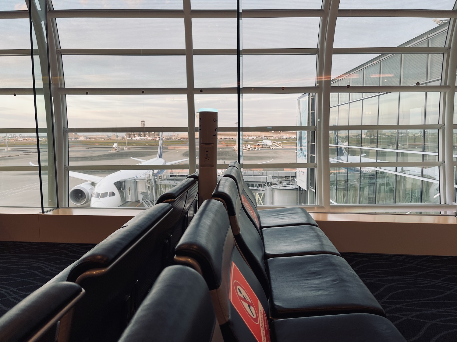 a row of seats in an airport