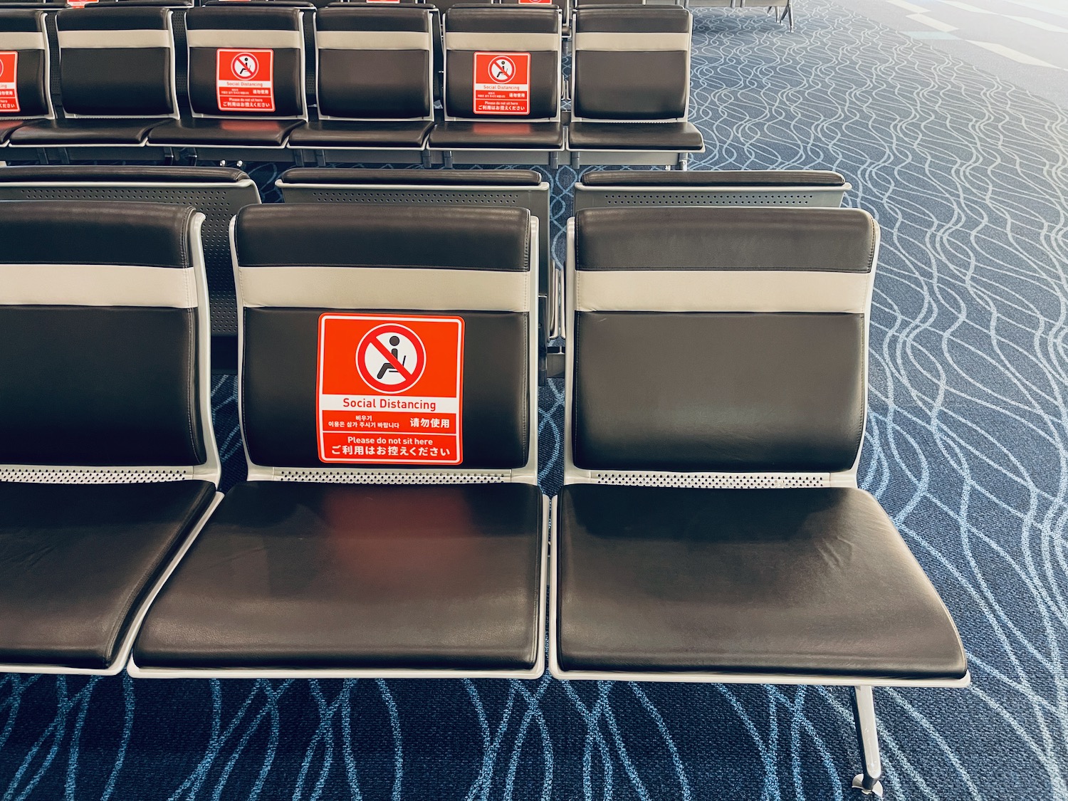 a row of chairs with signs on them