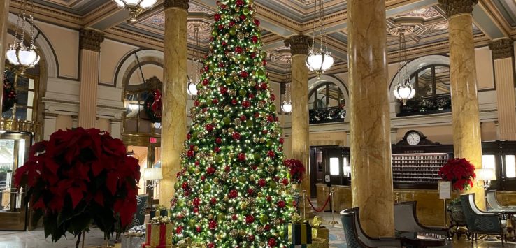 a christmas tree in a room with columns and lights