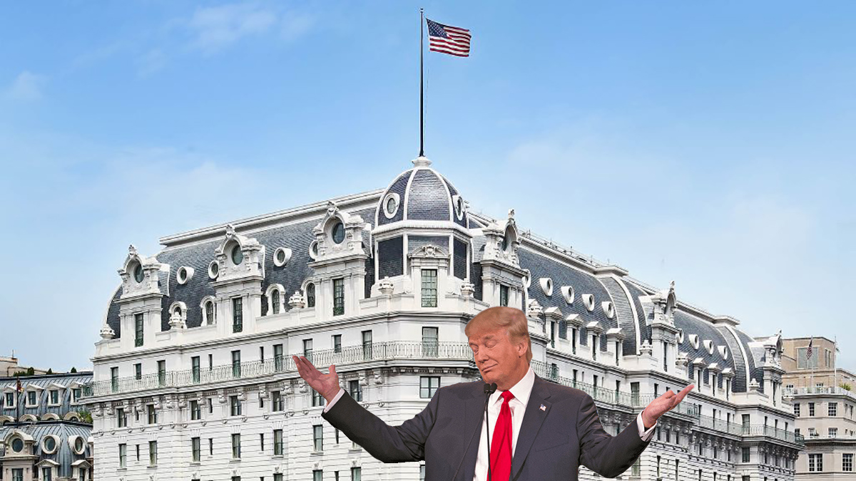 a man in a suit and tie with his arms out in front of a large building