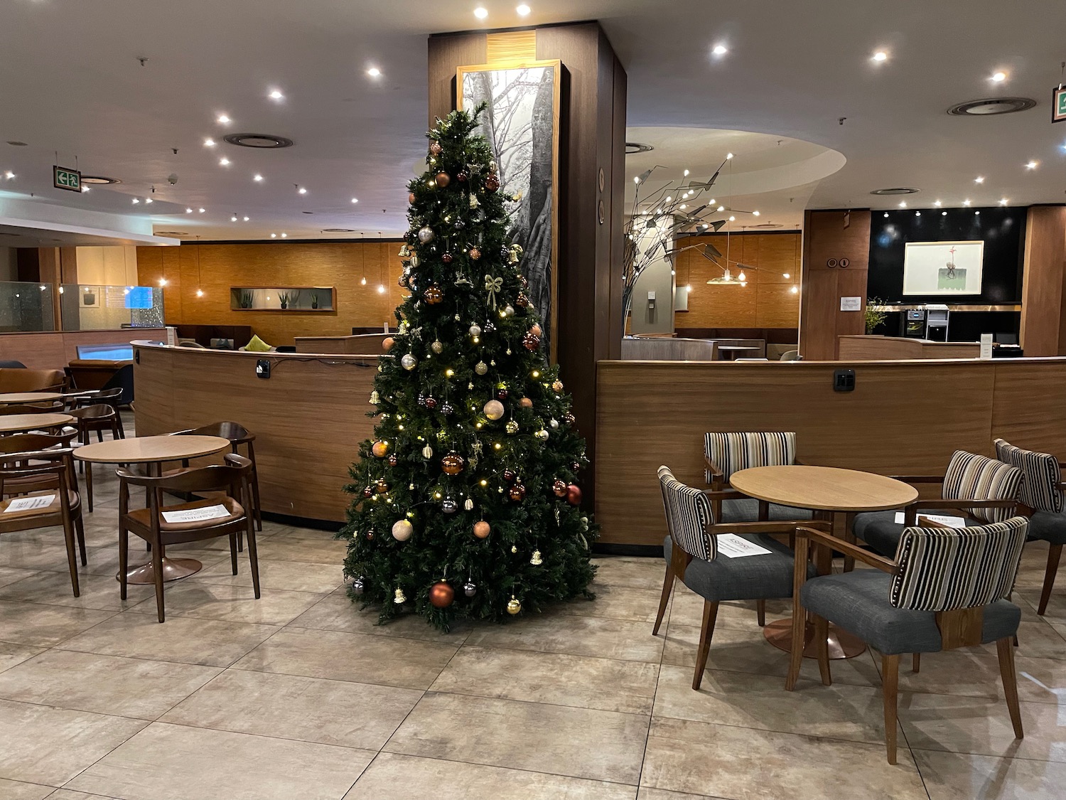 a christmas tree in a restaurant