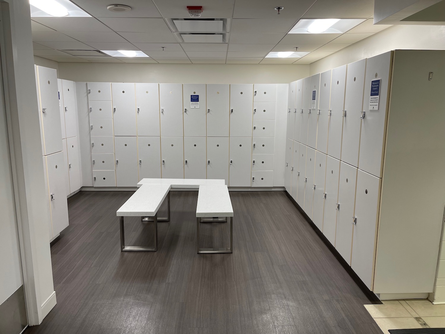 a room with white lockers