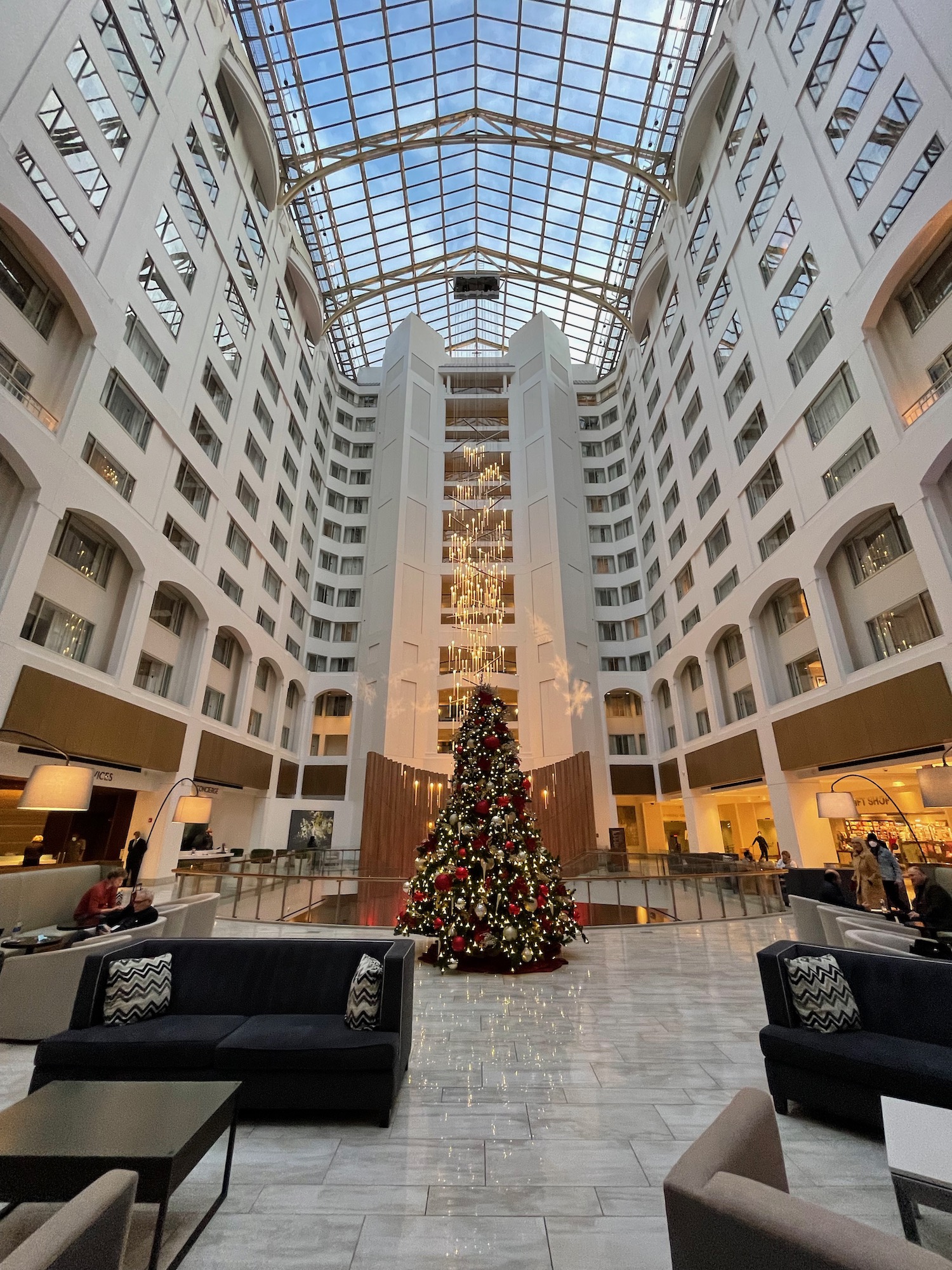 a large building with a christmas tree