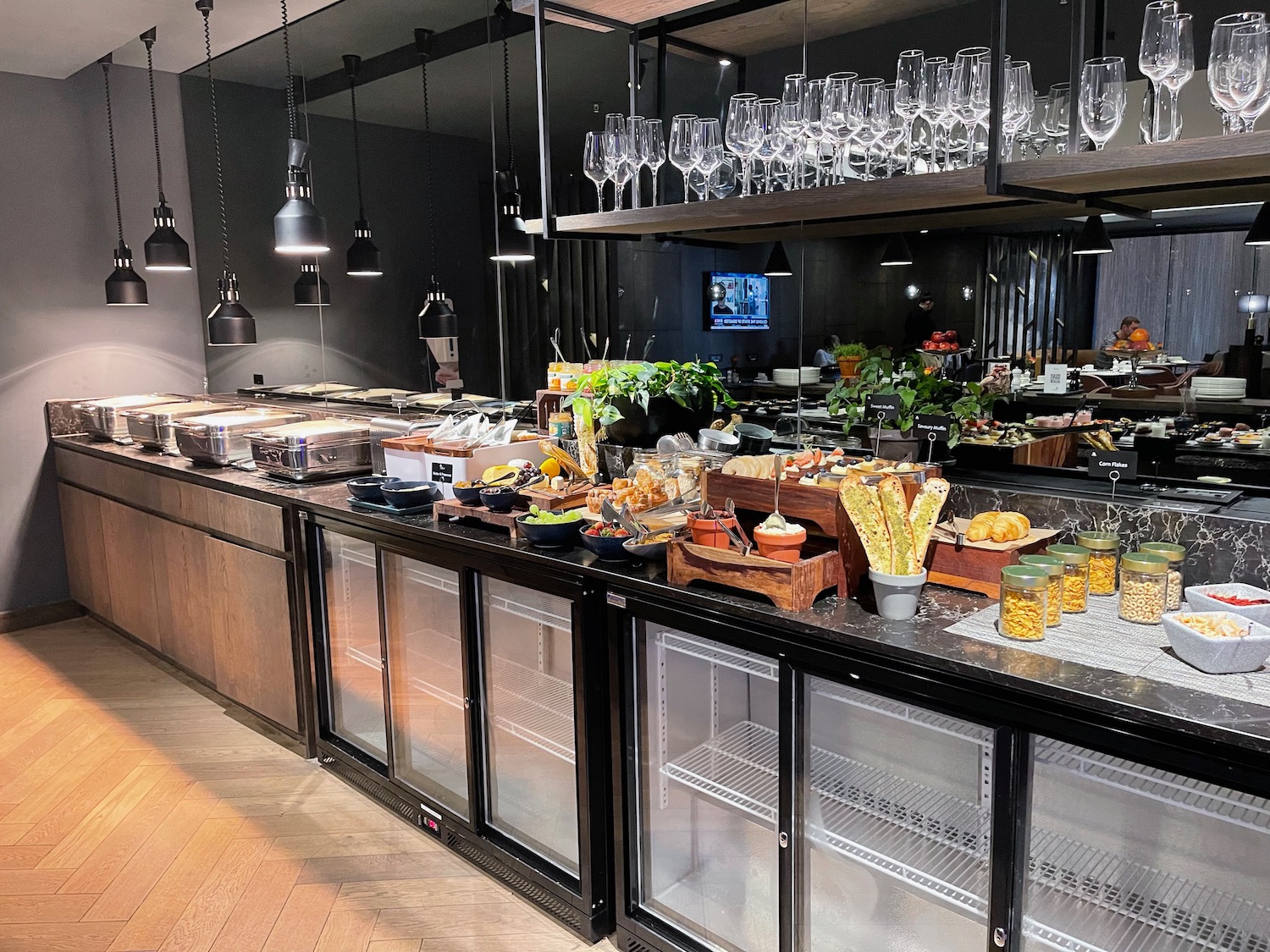 a buffet line with food on the counter