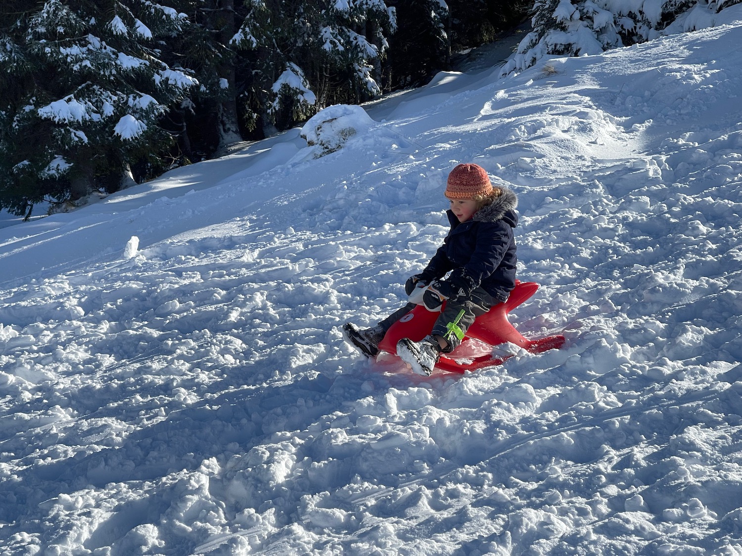a child on a sled in the snow