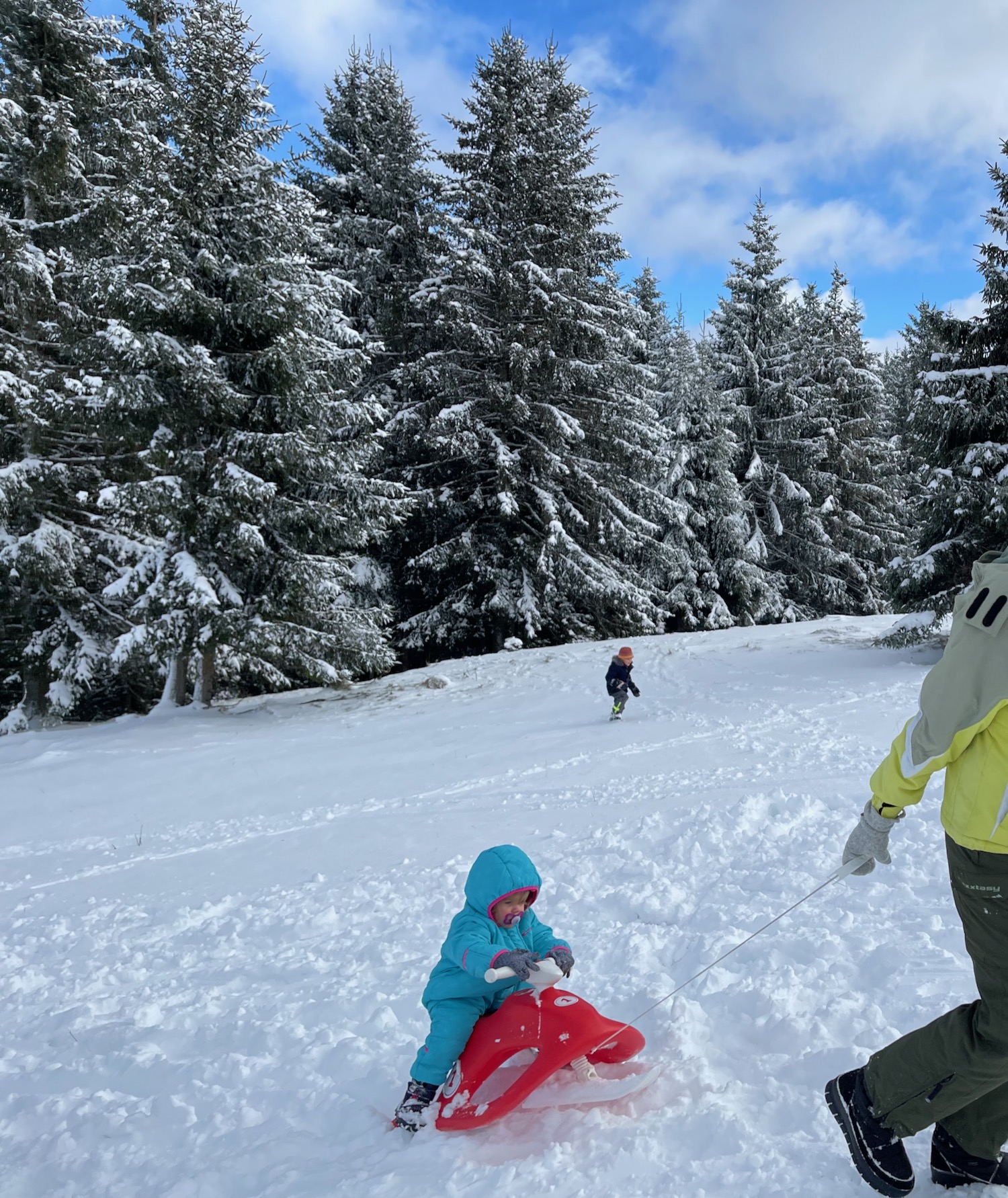 a woman pulling a child on a sled in the snow