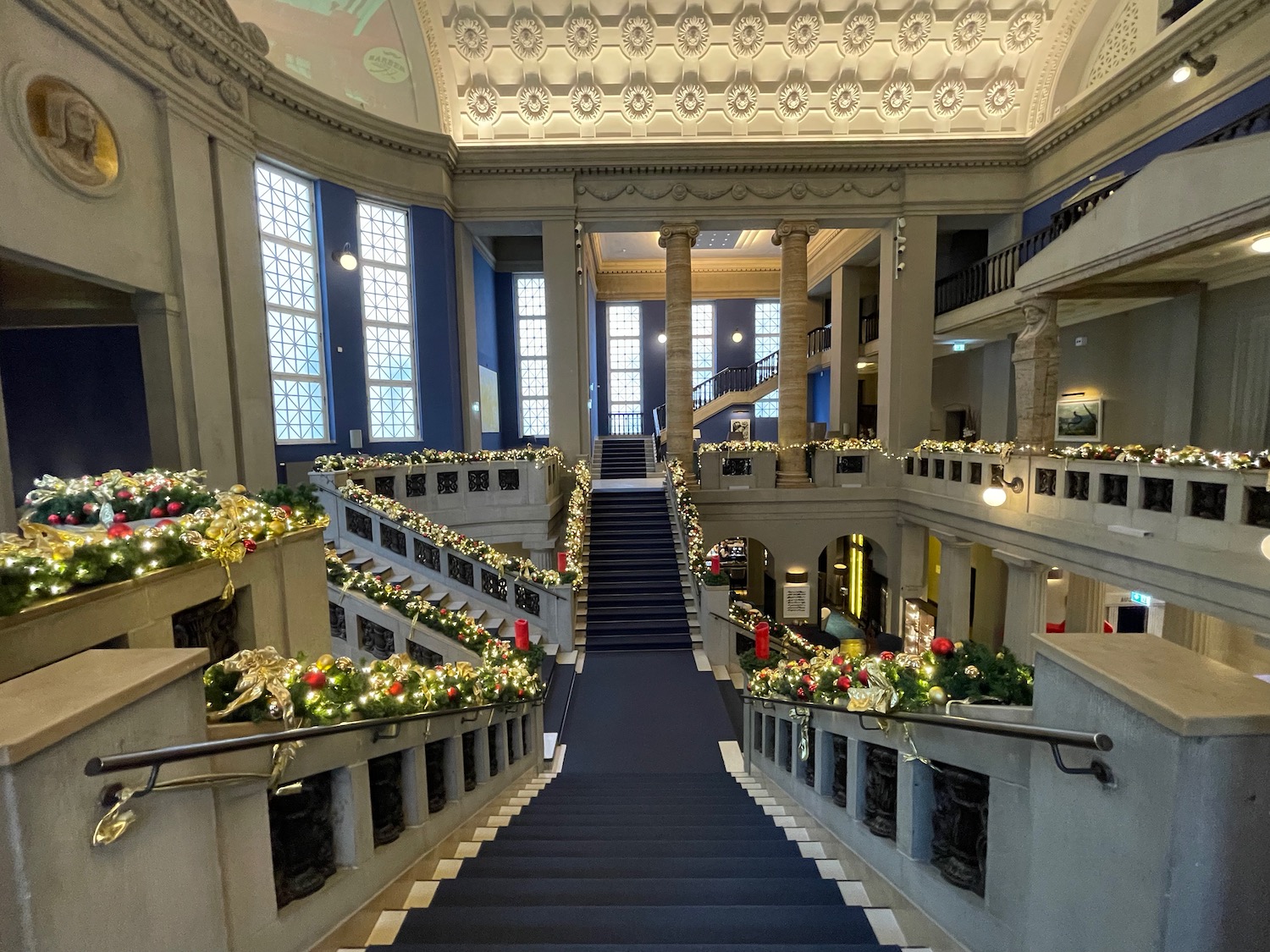 a staircase with lights and decorations