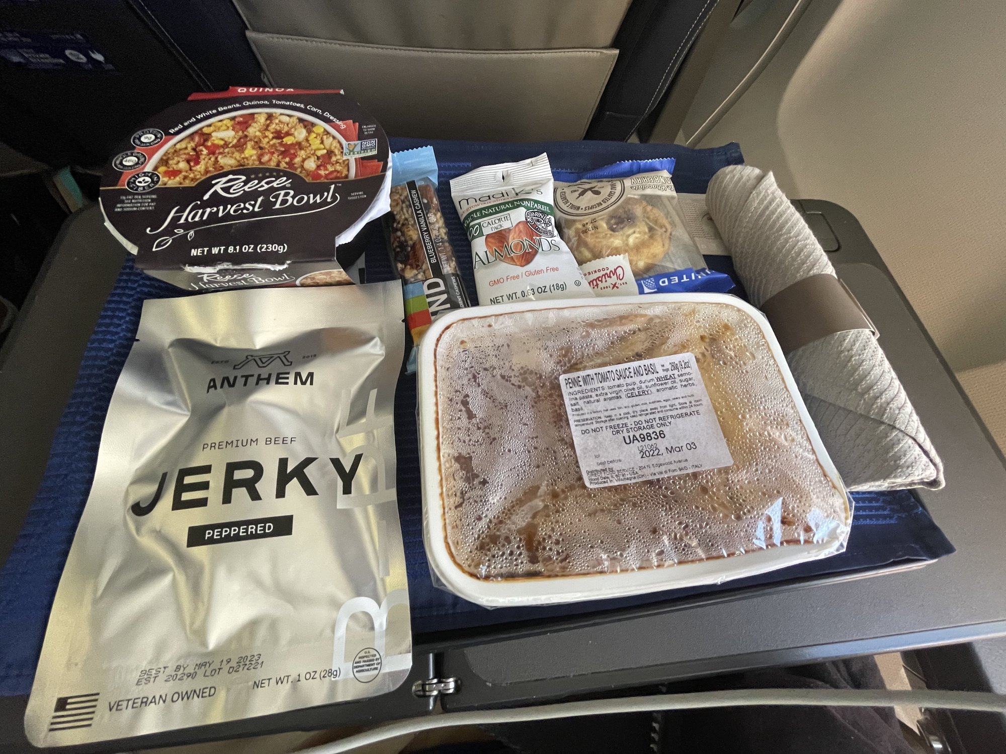 food on a tray on a plane