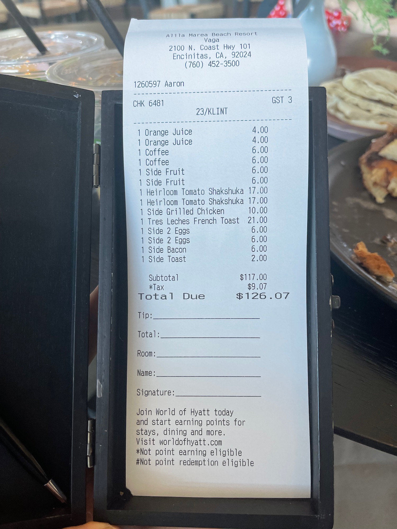 a receipt in a restaurant