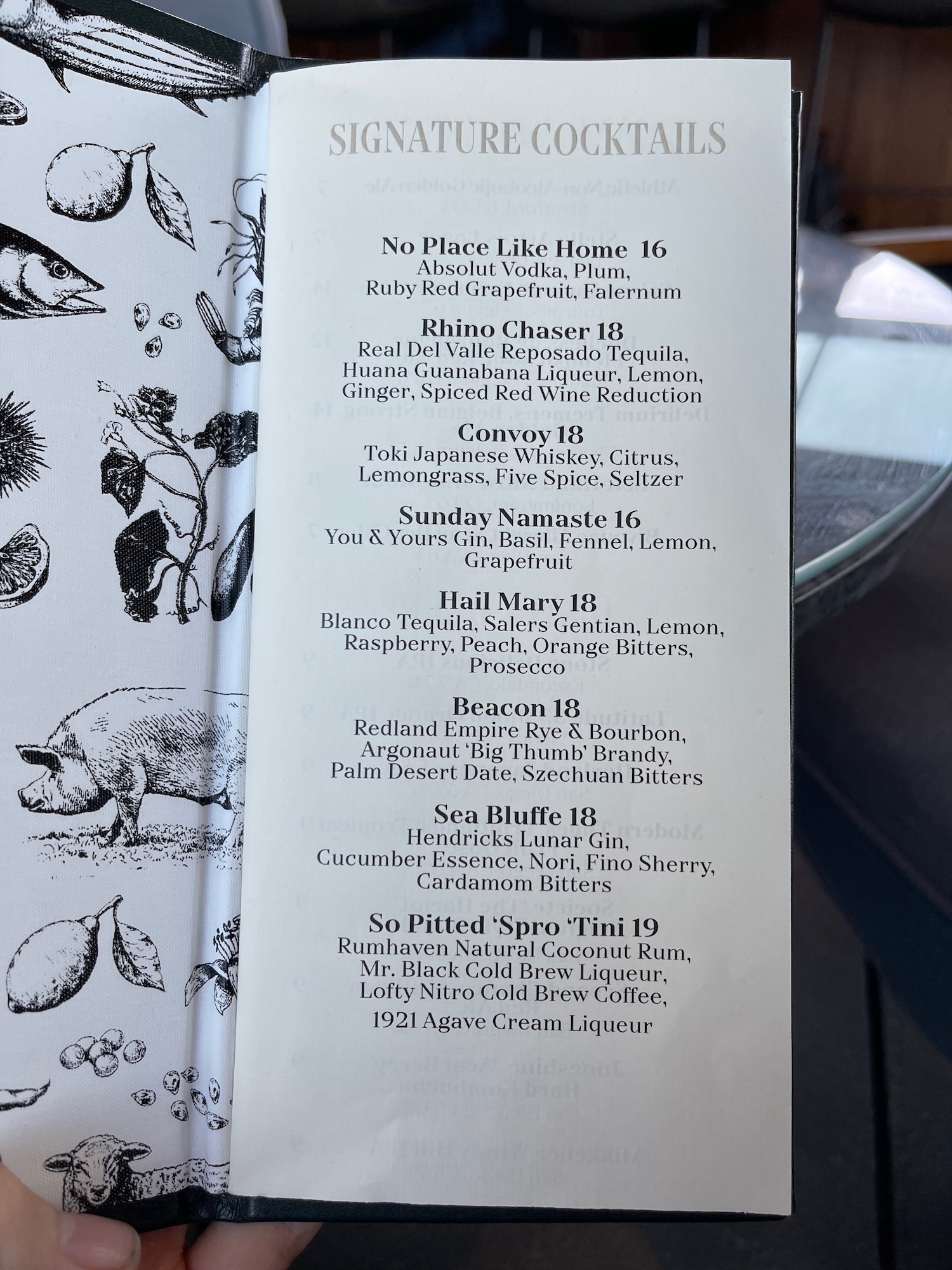 a menu with black text and black and white images