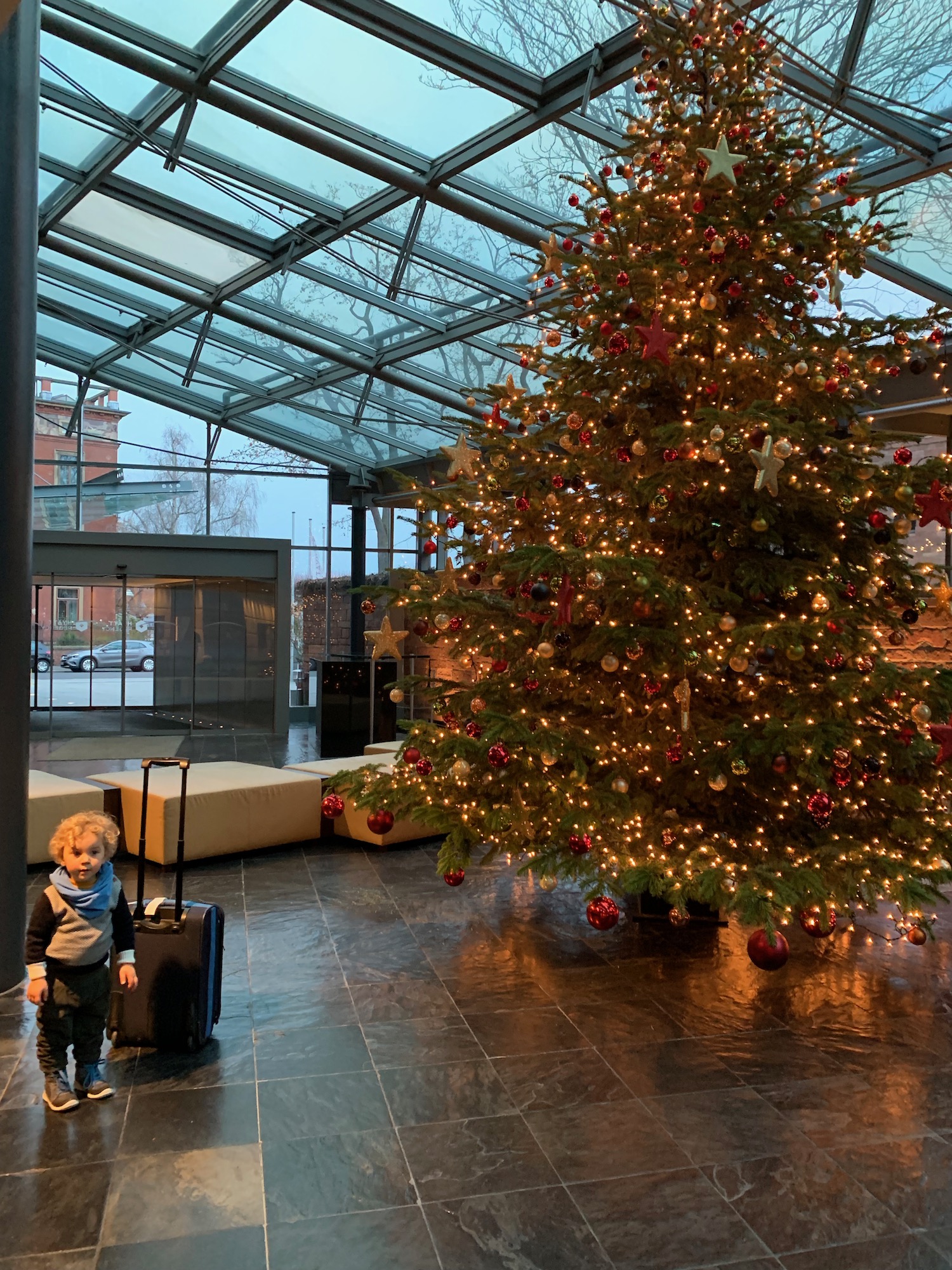 a child standing in front of a christmas tree