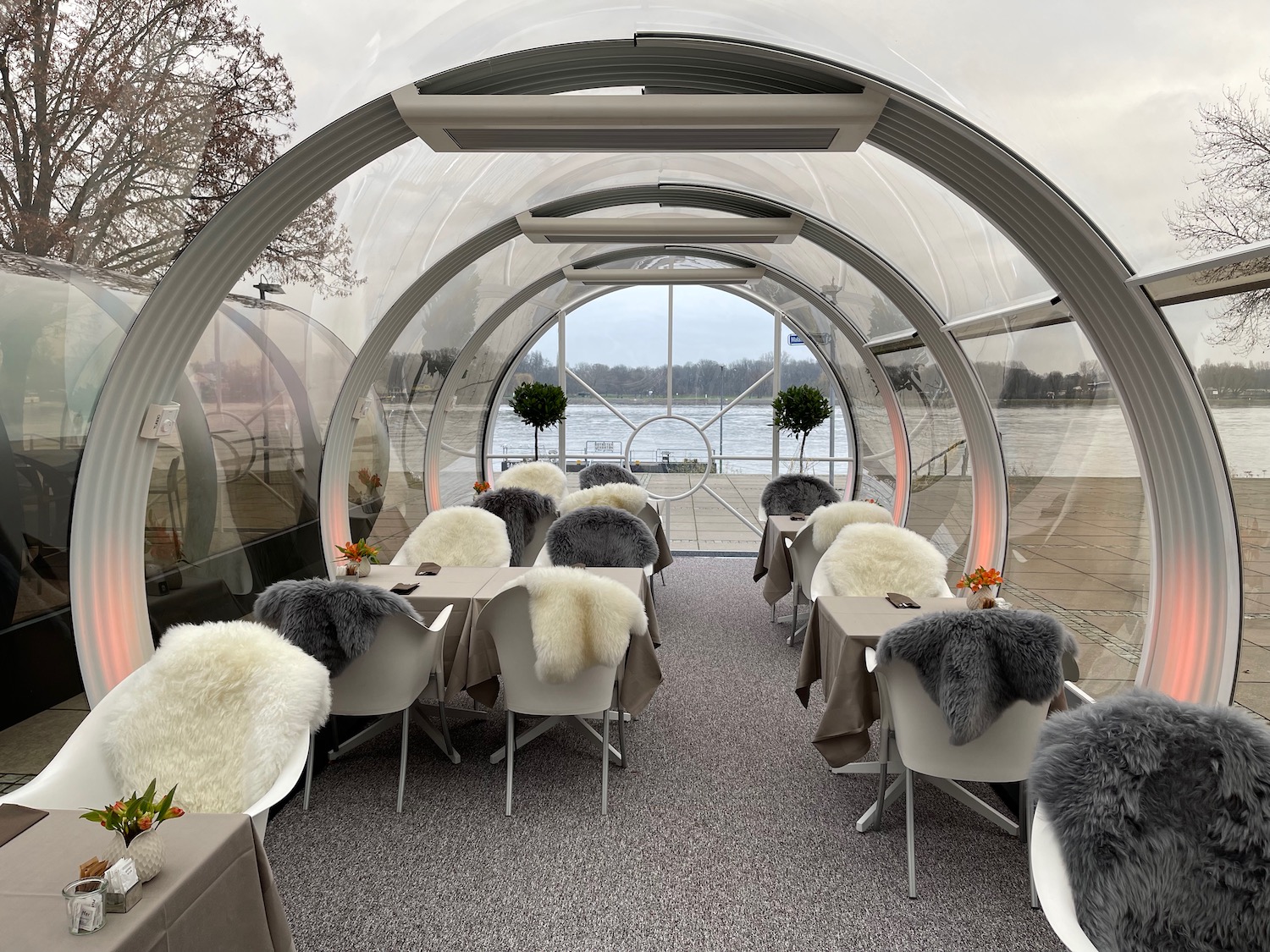 a room with tables and chairs with furs on it