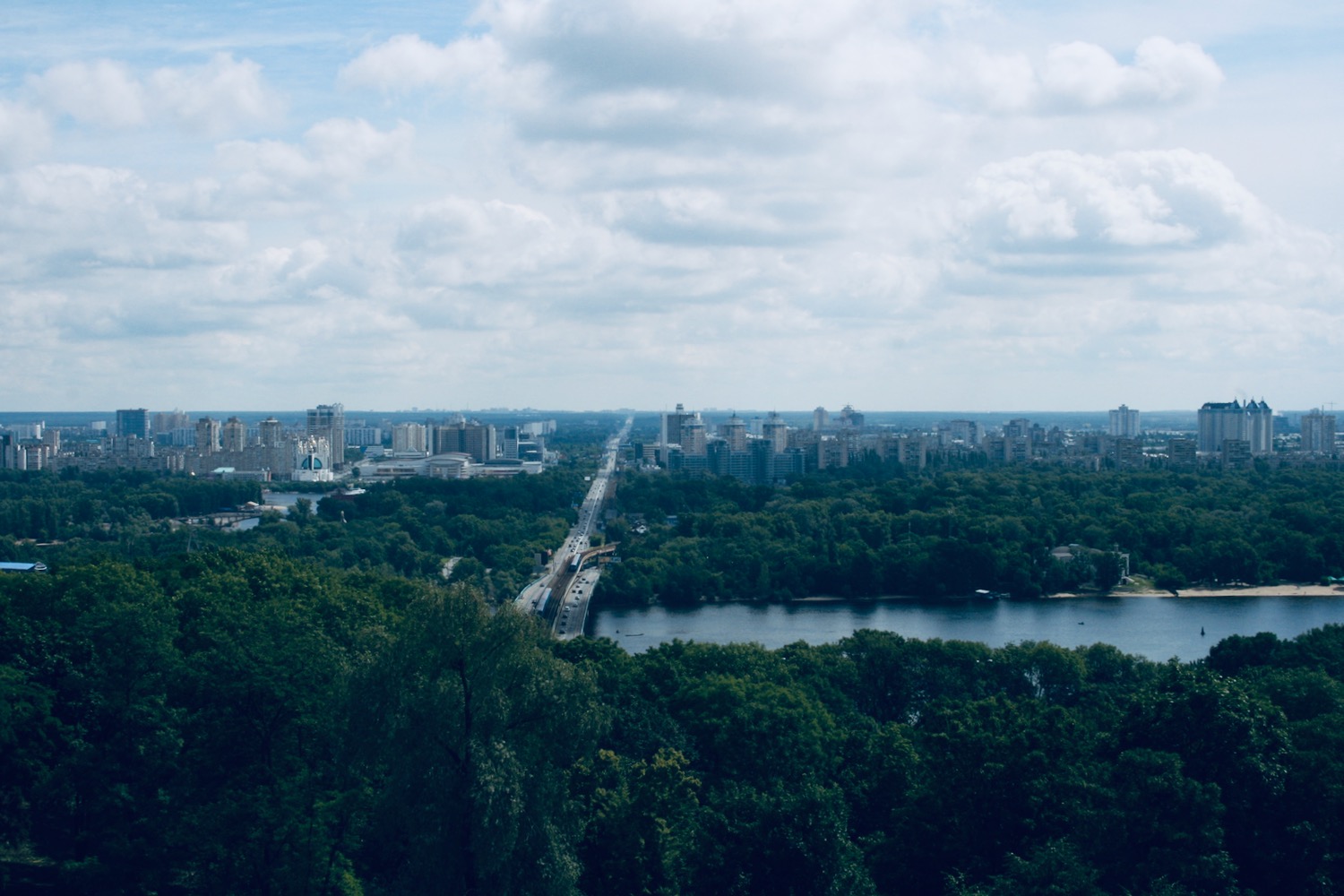 a city with trees and a river