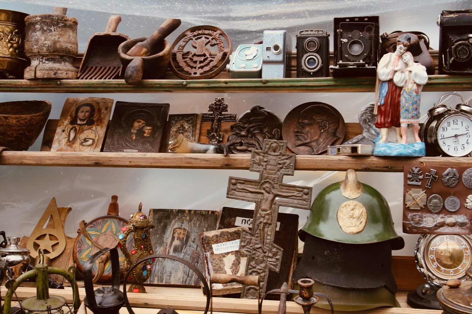 a shelf with objects on it