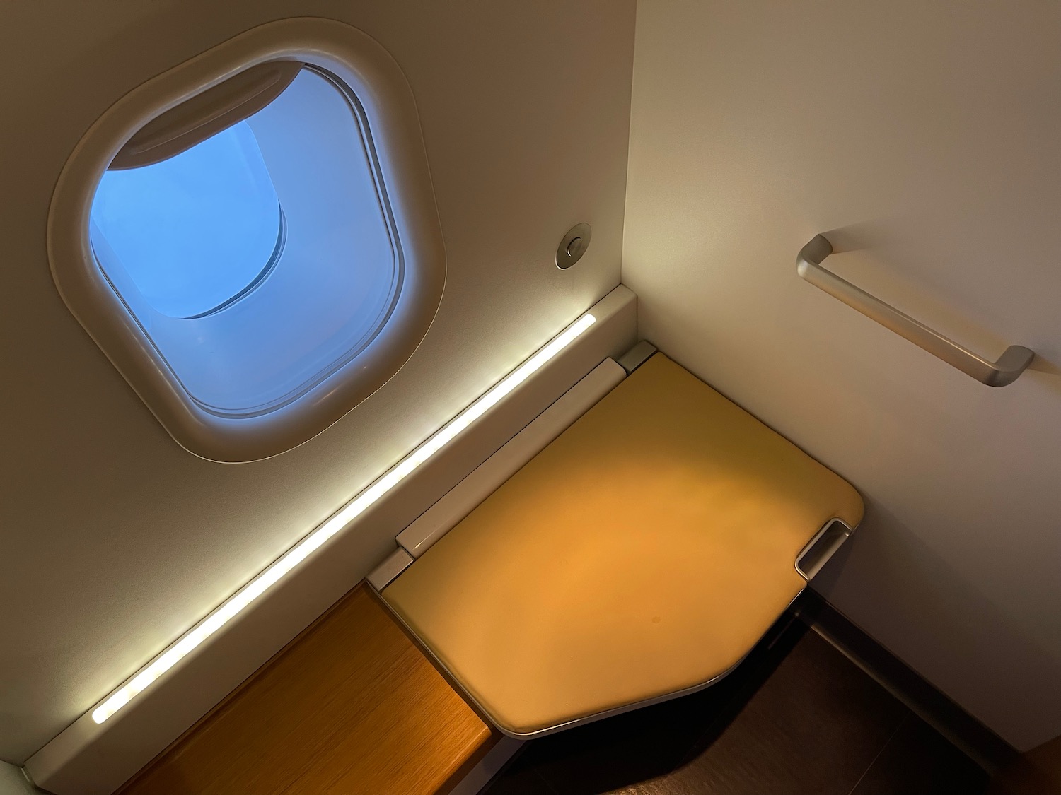 a toilet seat and window in a plane