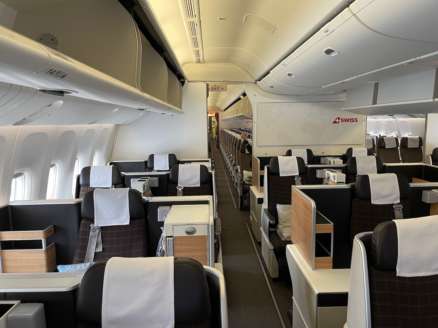 an airplane with seats and tables