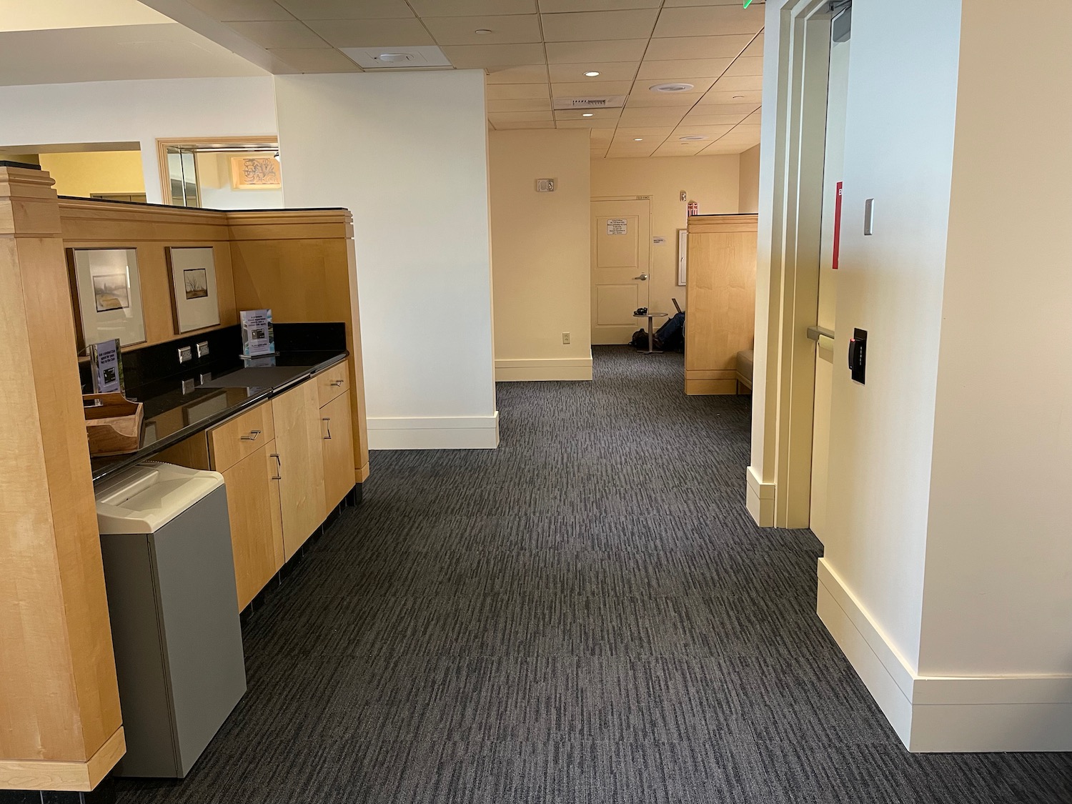 a hallway with a white door and a black and white carpet