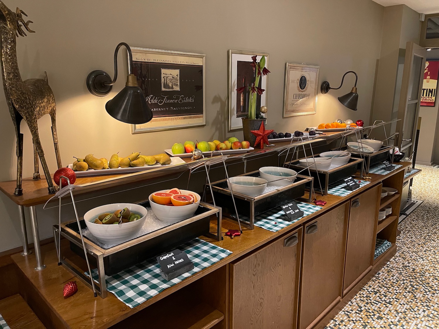 a buffet with fruit on the counter