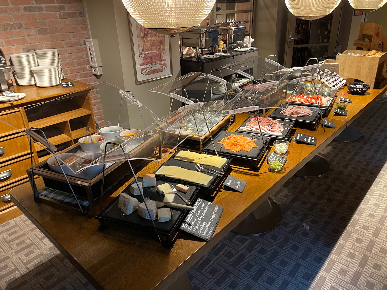 a buffet table with food on it