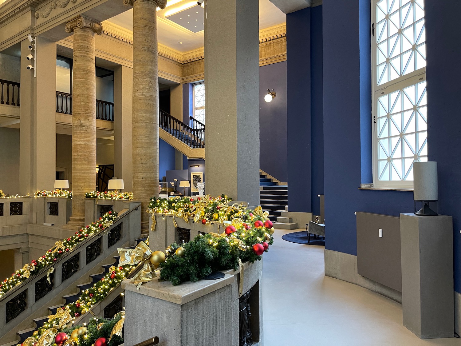 a staircase with lights and decorations