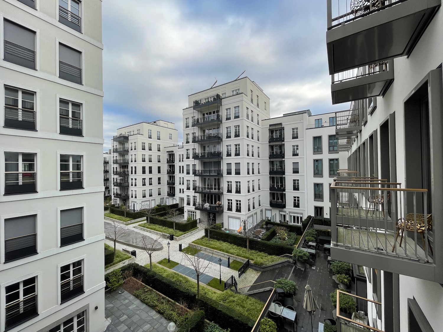 a group of buildings with a courtyard