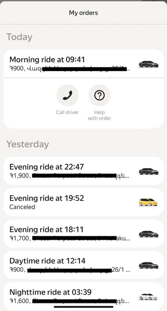 Yandex Go ride history