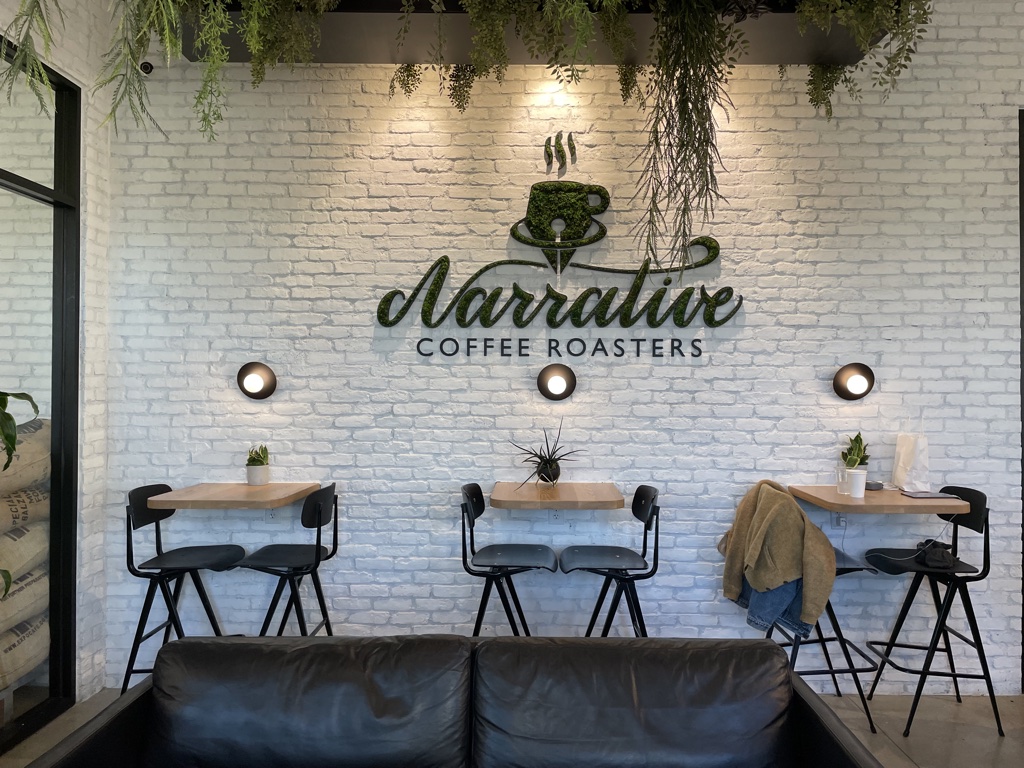 narrative coffee wall logo and seating