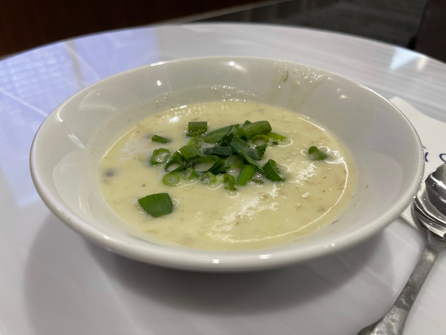 a bowl of soup with green onions