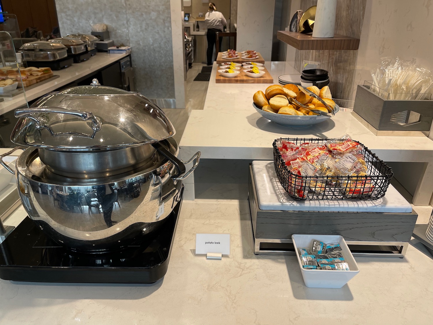 a buffet table with food and food items