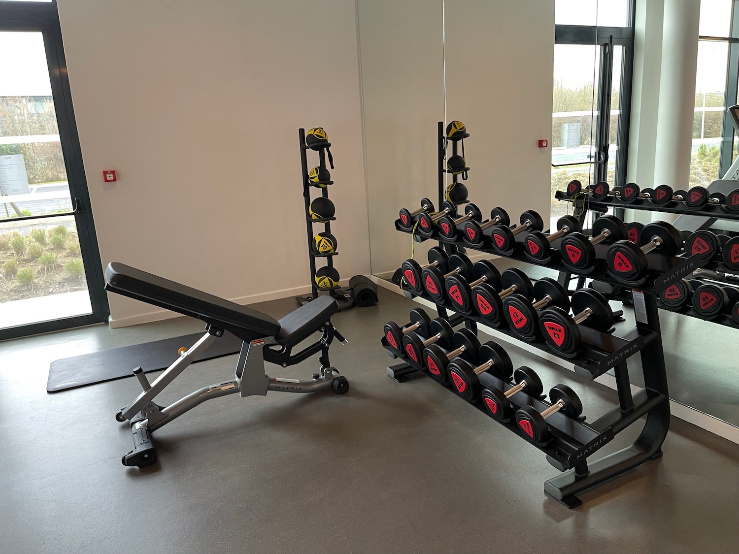 a gym with weights and a rack of weights